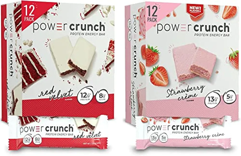Power Crunch Whey Protein Bars, High Protein Snacks with Delicious Taste, Strawberry Crème & Red Velvet, 1.4 Ounce (24 Count) - Variety Pack: Strawberry Crème & Red Velvet