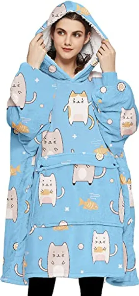 KFUBUO Wearable Blanket Hoodie for Adults Sherpa All Patterns Blue Cat Oversized Sweatshirt Blanket with Pockets Cute Gifts for Women - Cartoon Cat - Adult