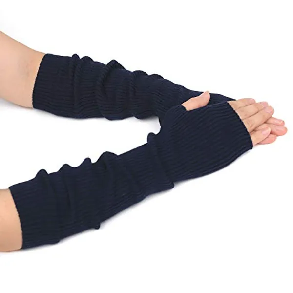 Flammi Cashmere Blended Arm Warmer Winter Fingerless Gloves Knit Mitten Gloves Wrist Warmer with Thumb Hole for Women - Navy Blue (42cm)