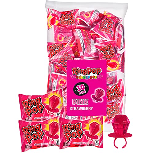 Ring Pop Individually Wrapped Pink Strawberry 30 Count Bulk Lollipop Pack – Strawberry Flavored Lollipop Suckers - Fun Candy Bulk For Party Favors, Gender Reveal Parties, & Bachelorette Parties - Pink