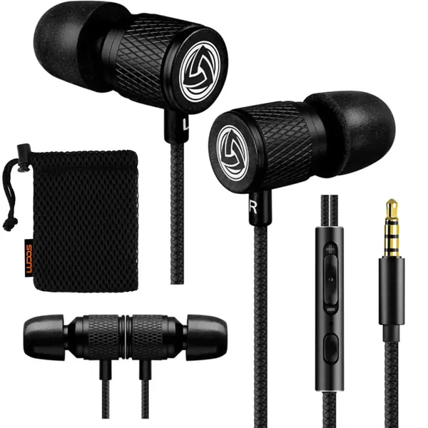 LUDOS Ultra Wired Earbuds with Microphone in-Ear Headphones - Wired Earphones with Microphone & Volume Control, Memory Foam, Reinforced Cable, Noise Isolating, Compatible with iPhone, iPad - Black - Black