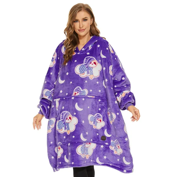 THREE POODLE Wearable Blanket Hoodie, Glow in The Dark Sherpa Hoodie, Oversized Hooded Blanket Sweatshirt for Adults Women Men Kids, Extremely Cozy, Warm, Soft, and Fuzzy - Luminous Sloth Adult