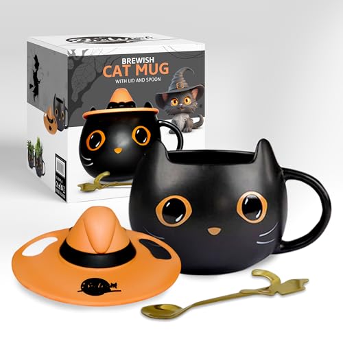 Brewish Cat Mug for Kitty Lovers | Cute Cup with a Witch Hat Lid & an Adorable Spoon | Ceramic Coffee & Tea Mugs | Gift for Cat Mom, Dad, Women, Kids | 12 oz, Black - Black