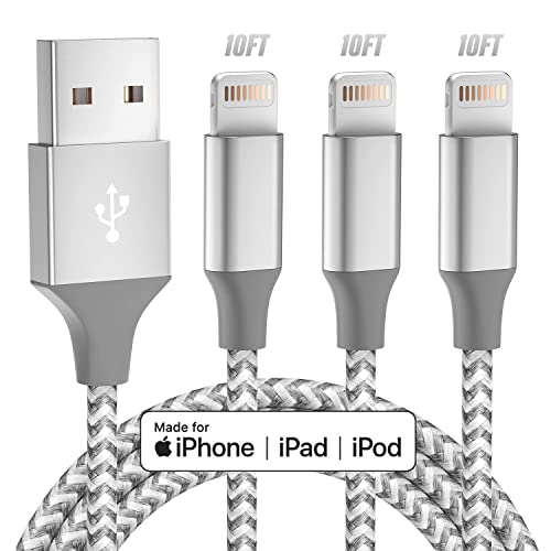 iPhone Charger Lightning Cable USB 10FT Long Fast Charging High Speed Data Sync 3pack Apple MFi Certified Compatible iPhone 14 13/12/11 Pro Max/XS MAX/XR/XS/X/8/7/Plus/6S (Grey White) - Grey White