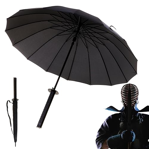 Japanwelt Samurai Regenschirm I Katana-Regenschirm groß japanischer-Regenschirm mit Samuraischwert, Anime Japan Schirm mit Gurt, für Erwachsene & Kinder, 100 cm Durchmesser - Schwarz