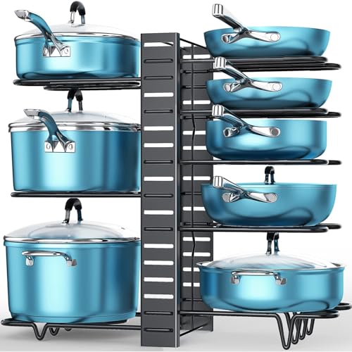 ORDORA 8 Tier Pot and Pan Organizer Rack for Cabinet With 3 DIY Methods, Adjustable Organizer for Pots, Pans and Lids - 1A-16.5"H-Non Slip