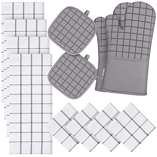 Oven Mitts and Pot Holders Set with Kitchen Towels and Dishcloths, 500 Degree Heat Resistant Oven Gloves and Hot Pads, Premium Soft Cotton Kitchen Hand Towels and Dish Cloth Sets Hanging Loop Gray - Gray - 12 PCS SET