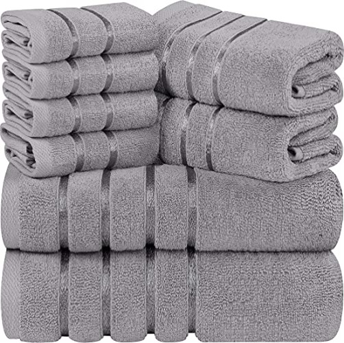 Utopia Towels 8-Piece Luxury Towel Set, 2 Bath Towels, 2 Hand Towels, and 4 Wash Cloths, 600 GSM 100% Ring Spun Cotton Highly Absorbent Viscose Stripe Towels Ideal for Everyday use (Cool Grey) - Cool Grey