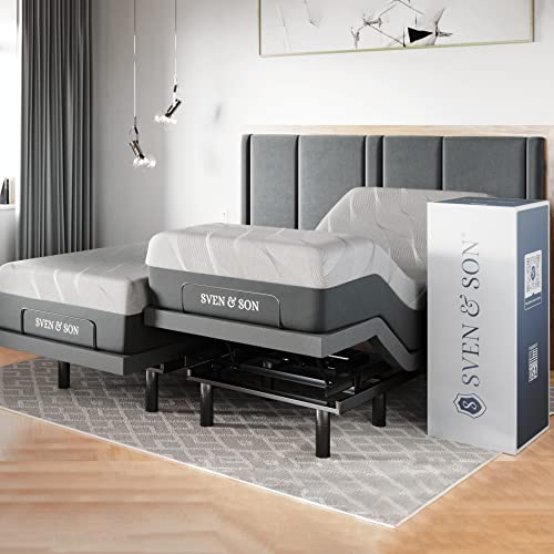 Sven & Son Split King Adjustable Bed Base Frame + 14" Luxury Cool Gel Memory Foam Hybrid Mattress, Head Up Foot Up, USB Ports, Zero Gravity, Interactive Dual Massage, Wireless, Classic (Split King) - 14" Medium Soft + Adjustable Base - Split King