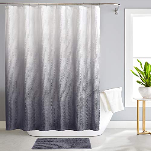 Reeple Ombre Shower Curtain Set with Rugs and Hooks for Bathroom Textured Waterproof Gradient Fabric Bath Shower Curtain 72 x 72 Inches Grey - 72x72 inch - Grey
