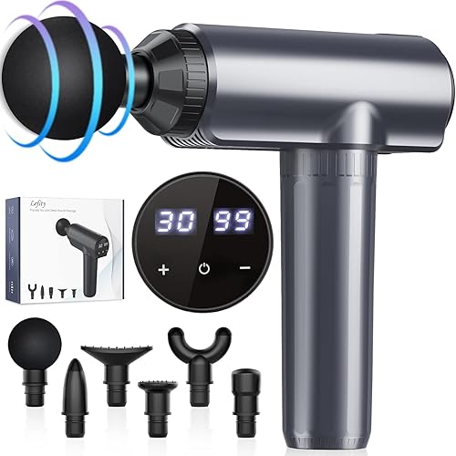 Pistola de Masaje Muscular, Pistola Masajeadora Muscular de Tejido Profundo Lefity con 30 Velocidades, y 6 Cabezales de Masaje, con Pantalla LCD para Aliviar el Dolor Muscular (Gris) - Azul