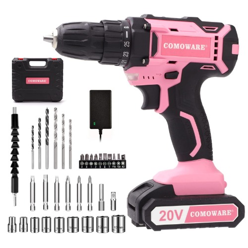 COMOWARE Pink Power Drill, 20V Pink Cordless Drill, Pink Drill Set for Women, 1 Battery & Charger, 3/8" Keyless Chuck, 2 Variable Speed, 266 In-lb Torque, 25+1 Position and 34pcs Drill/Driver Bits - Pink