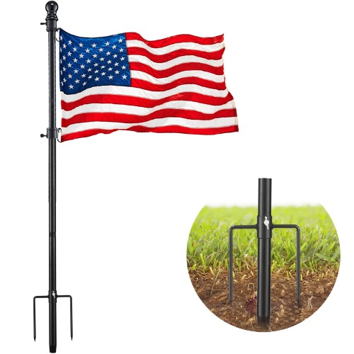Black Flag Poles for Outside in Ground - 8FT Flag Pole for House with 2 Pronges Base - Stainless Steel Flag Pole Kit with 3x5FT American Flag for Yard Residential Commercial - 8FT Ground Flagpole Black