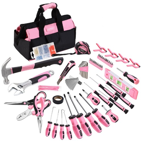 FASTORS Pink Tool Set,218-Piece Tools with Pink Tool Kit for Women Home Improvement,The Tool Set with 13-Inch Wide Mouth Open Storage Tool Bag,Can As a Great Gift for Women - Pink