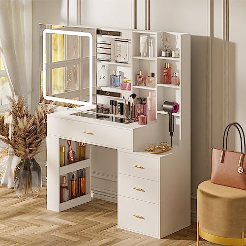 Makeup Vanity Glass Top, Vanity Desk with Mirror and Lights, 3 Lighting Colors, White Vanity Desk, Makeup Vanity Set with 4 Drawers + 2 Cabinets, Large Storage Vanity, Makeup Desk for Bedroom - vanity with glass top