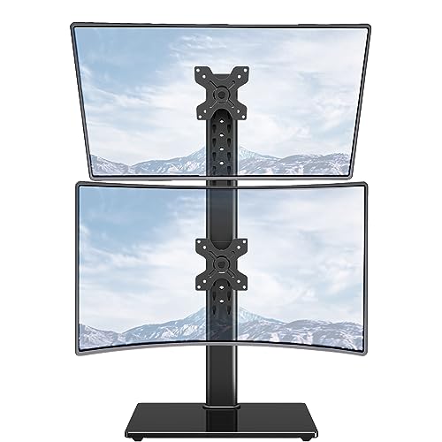 MOUNTUP Vertical Dual Monitor Stand, Stack Two Screens up to 32 inches, Free-Standing Monitor Desk Mount, Monitor Riser with Swivel, Tilt, Height Adjustable, Each Arm Holds up to 33lbs