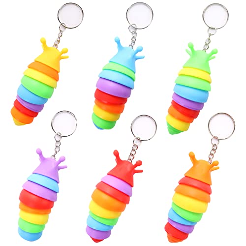 MEIEST 6 PCS Mini Fidget Slug Key-Chain Toys,3D Articulated Stretch Caterpillar Sensory Stress Relief Flexible Hand Toy, Ideal Party Favor Colorful Office Desk Pet Toys(Random Color)