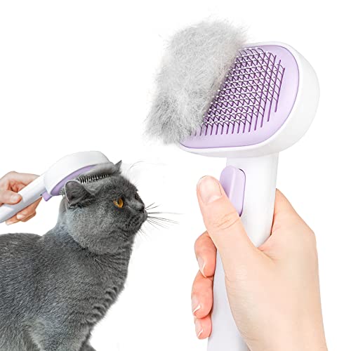 aumuca Cat Brush with Release Button, Cat Brushes for Indoor Cats Shedding, Cat Brush for Long or Short Haired Cats, Cat Grooming Brush Cat Comb for Kitten Rabbit Massage Removes Loose Fur Purple - Purple