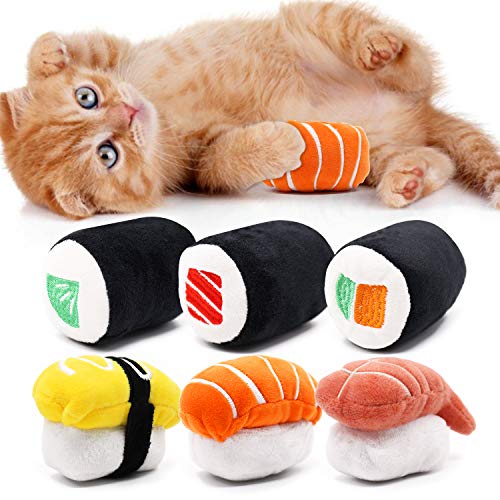 CiyvoLyeen 6 Pack Sushi Cat Toys with Catnip Sushi Roll Pillow Kitten Chew Bite Supplies Boredom Relief Fluffy Kitty Teeth Cleaning Chewing Cat Lovers Interactive Plush