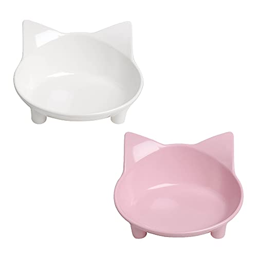 Skrtuan Cat Bowl Cat Food Bowls Non Slip Dog Dish Pet Food Bowls Shallow Cat Water Bowl Cat Feeding Wide Bowls to Stress Relief of Whisker Fatigue Pet Bowl of Rabbits Puppy(Safe Food-Grade Material) - White+Pink