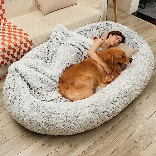 Human Dog Bed 75" L * 50" W * 14" Th Dog Beds for Large Dogs Giant Dog Bed Human Size Dog Bed for People 30D Sponge Bean Bag Bed Detachable Grey - Grey (75" L * 50" W * 14" Th)