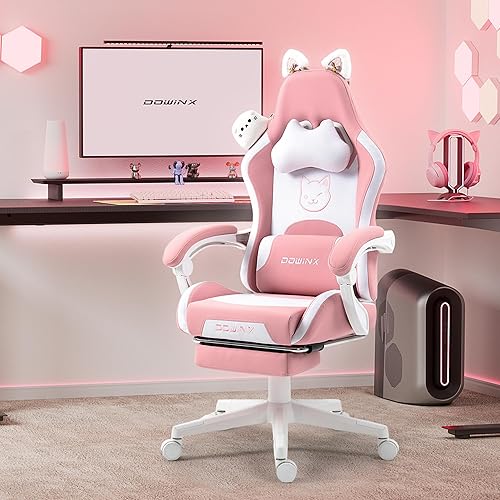 Dowinx Gaming Chair Cute with Cat Ears and Massage Lumbar Support, Ergonomic Computer Chair for Girl with Footrest and Headrest, Comfortable Reclining Game Chair 290lbs for Adult, Teen, Pink - Pink