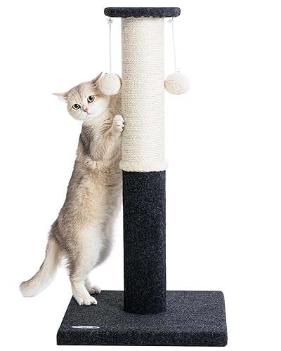 Komicoll 34-Inch Tall Cat Scratching Post for Indoor Cats, Large Carpet Scratch Post, Sisal Cat Scratcher, Sturdy and Durable Cat Post with Hanging Ball Gray