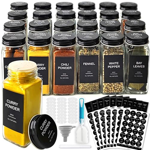 GPOVVIMX 24 Pcs Glass Spice Jars with 408 Labels, 4oz Empty Seasoning Bottles Square Containers with Black Metal Caps - Shaker Lids, Funnel, Brush and Marker Included