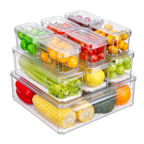 Pure Future 10 Pack Fridge Organizers and Storage, Stackable Bins with Lid, BPA-Free Fruit Containers for Fridge, Clear Produce Saver, Kitchen&Pantry Organizer for Food, Vegetables&Fruit, Snacks, Eggs