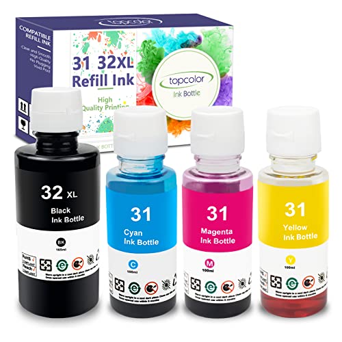 Topcolor Compatible Ink Bottle Set Replacement for HP 31 32XL Ink for HP Smart-Tank 7301 6001 7001 7602 5101 Plus 551 651 455 457 450 All-in-One Ink-Tank Printer, 165mL Black 100mL Cyan Magenta Yellow - Black, Cyan, Magenta, Yellow