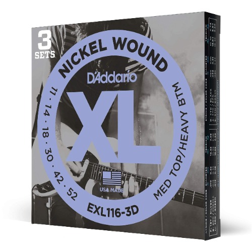 D'Addario Guitar Strings - XL Nickel Electric Guitar Strings - EXL116-3D - Perfect Intonation, Consistent Feel, Reliable Durability - For 6 String Guitars - 11-52 Medium Top/Heavy Bottom, 3-Pack - Med. Top/Hvy. Bottom, 11-52 3-Pack