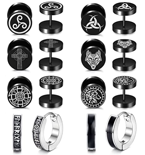 SAILIMUE 8Pairs Viking Earrings for Men Stainless Steel Norse Viking Stud Earrings Fake Gauges Plug Viking Huggie Hoop Mens Earrings Wolf Runes Divination Piercing Jewelry 18G Black - B:Black&Silver