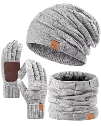 Mens Hat Scarf and Gloves Set Winter, Thermal Fleece Lined Slouchy Beanie Neck Scarves Touchscreen Gloves, 3 in 1 Warm Set - Grey