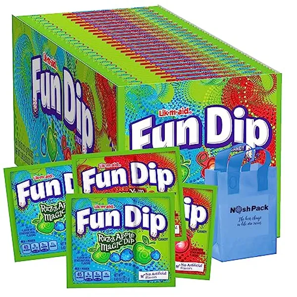 NOSH PACK Fun Dip Candy Bulk Size, RazzApple and Cherry Yum Candy Powder with Sticks, Nosh Pack Bag Included, 48 Pack