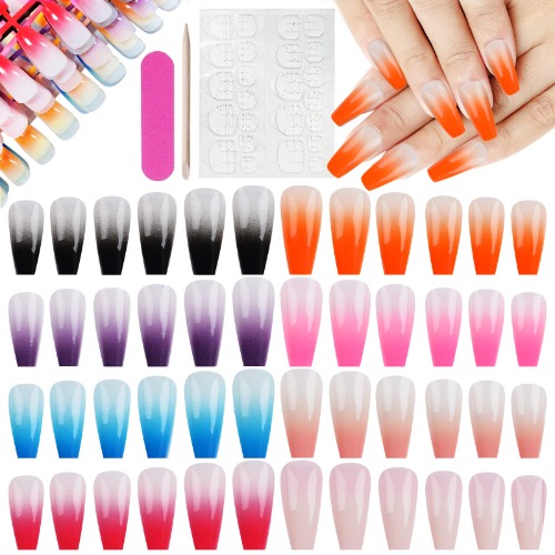 Kalolary 192PCS Gradient Color False Nails Tips, 8 Colors Fake Nails Tips with Nail Stick Nail File and 24PCS Nail Adhesive Stickers, False Gel Nails Acrylic Press on Nails for Nail Art Decorations