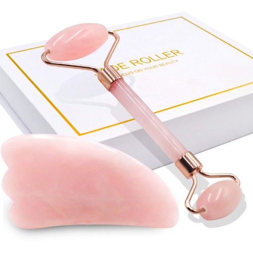 Jade Roller for Face and Gua Sha Scraping Massager Set - 100% Natural Rose Quartz Facial Roller for Eye Neck Skin Anti Aging Healing Slimming Tool（Pink）