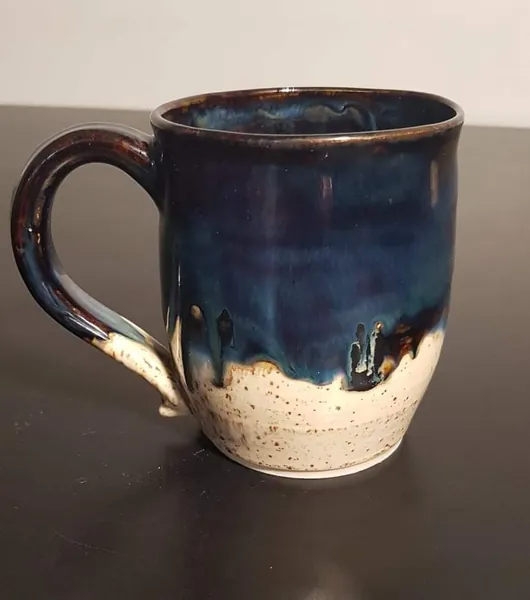 Large ceramic coffee mug, handmade and hand painted, glazed.