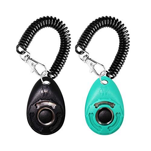 OYEFLY Dog Training Clicker with Wrist Strap Durable Lightweight Easy to Use, Pet Training Clicker for Cats Puppy Birds Horses. Perfect for Behavioral Training 2-Pack (Black and Water Lake Blue) - Black and Water lake blue