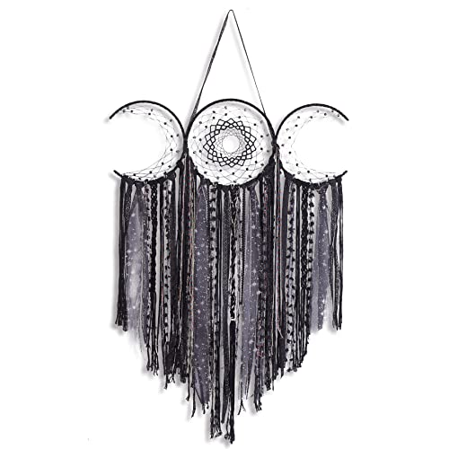 ANROYE Black Triple Moon Goddess Macrame Wall Hanging, Boho Art Large Wicca Crescent Moon Dream Catcher, Handmade Unique Bohemian Hippie Woven Pagan Tapestry Decor for Bedroom Nursery Decoration Gift - Black
