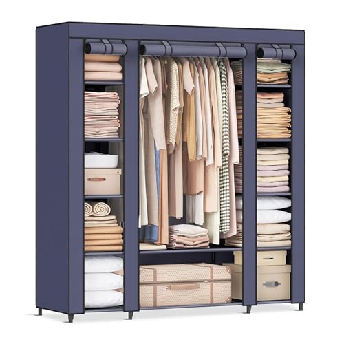 SONGMICS Closet Wardrobe, Portable Closet for Bedroom, Clothes Rail with Non-Woven Fabric Cover, Clothes Storage Organizer, 59 x 17.7 x 69 Inches, 12 Compartments, Dark Blue ULSF003I02 - Dark Blue