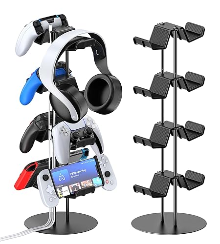 Kytok Headset Stand 4 Tiers with Cable Organizer for Desk, Controller Stand Compatible with PS5/Xbox/Nintendo Switch/PS Portal/PS4, Headset Holder & Controller Holder for 8 Packs Controller - 4 tiers+black