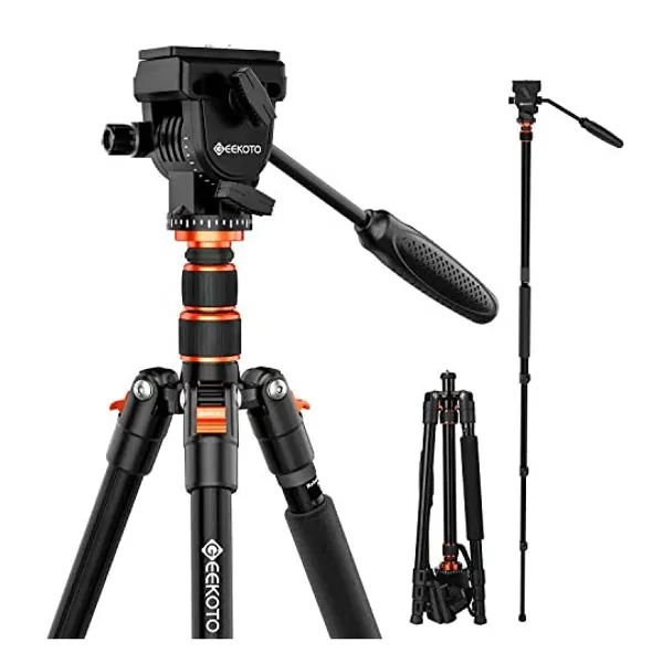 GEEKOTO Video Tripod Fluid Head,Professional Camera Tripod for DSLR,Monopod Aluminum 77" for Video Camcorder Canon Nikon Sony with 1/4" Screws Fluid Drag Pan Head,Load Capacity up to 20 Pounds