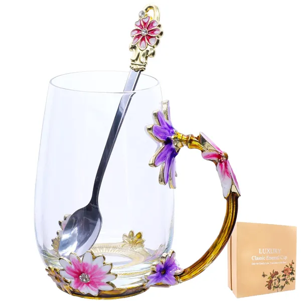 Tea Cup Glass Mug Cups, Handmade Enamel Flower Coffee Cup with Spoon Set, Unique Gift Valentine's Birthday Wedding Christmas Thanksgiving for Mom Women Grandma Teacher Wife Girlfriend-Pink Short (Daisy Pink Tall) - Daisy Pink Tall