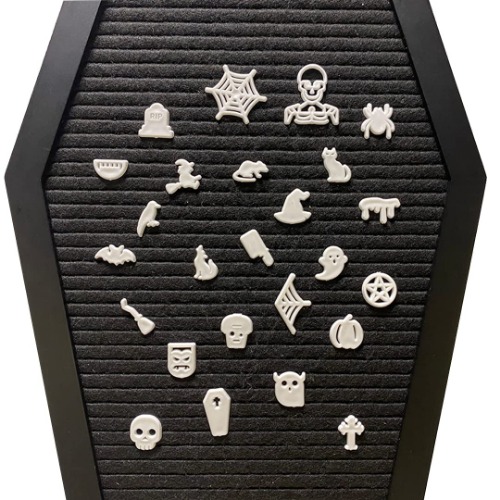 Nomnu Spooky Letter Board Characters (White) - Board NOT Included - Halloween Decorations Emojis for Letterboard - Gothic Decor Icons, +80pcs Felt Message Board Accessories - Shapes Include: Pumpkin, Coffin, Skeleton, Skull, Spider, Bat, Witch Hat, Broom - White