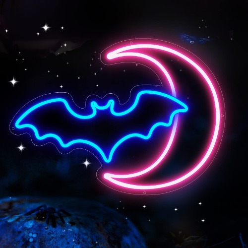 WalmHomie Bat and Moon LED Neon Lights,Pink Blue Acrylic Halloween Party Decor Light,Wall Kids Room Lights,Living Room,Home Decoration. - BluePink