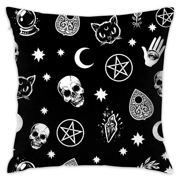 Soft Polyester Skull Cat Moon Gothic Pattern Black Throw Pillow Cases Decorative Family Indoor Or Outdoor Cushion Cover 18 X 18 Inch Holiday Home Decor - 