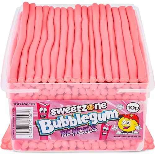 Sweetzone Bubblegum Pencils Sweets Tub, Pencil Sweets, 100 pc, Halal Sweets, Wine gums, American Gum, British Sweets, Sweet Pie, Licorice Sweet, Liquorice Allsorts, Irresistible for Candy Lovers - Bubblegum