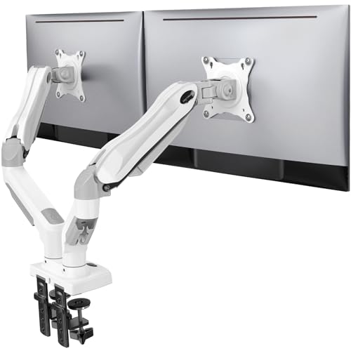 HUANUO Dual Monitor Stand - Full Adjustable Monitor Desk Mount Swivel Vesa Bracket with C Clamp, Grommet Mounting Base for 13 to 30 Inch Computer Screens - Each Arm Holds 4.4 to 19.8lbs - Whtie - White