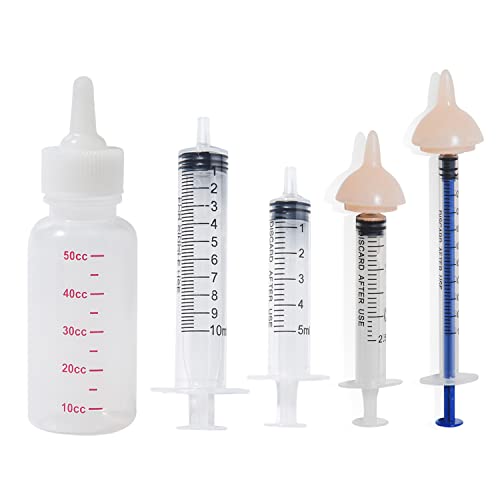 Bubble milk bowl Silicone Feeding Nipple and Syringes for Newborn Kittens, Puppies, Rabbits, Small Animals Dongdong pet (1 Bottle+2 Pink Nipples+4 Syringes) - 1 bottle+2 pink nipples+4 syringes