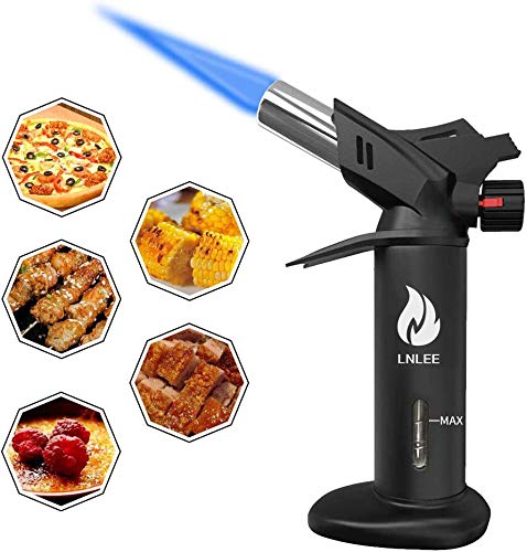 Butane Torch Culinary Cooking Torch for Creme Brulee Steak Baking, Refillable Professional Chef Kitchen Torch Lighters for Dab Rig Crafts Resin with Fuel Gauge Safety Lock Adjustable Flame (No Fuel) - Black